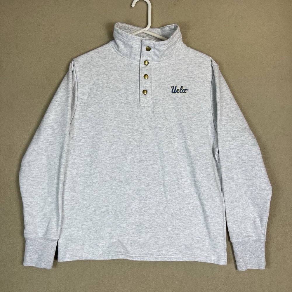 UCLA Sweater Mens Medium White Gray Snap‎ Mock Neck Sweatshirt Pullover Adult